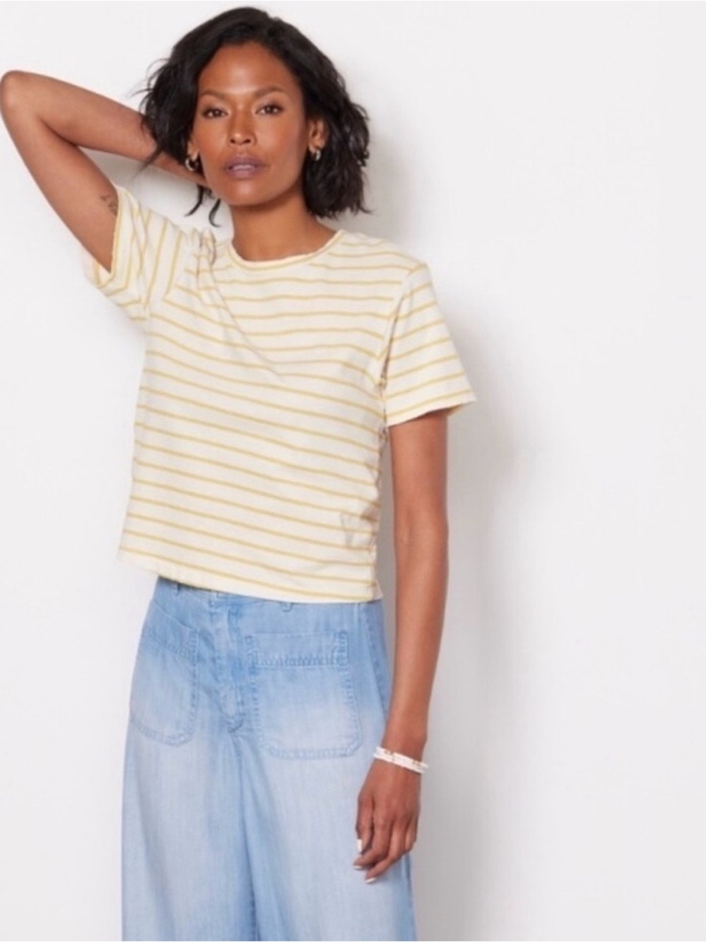 AMO Striped Babe Tee in Canary Short Sleeve Cropped Yellow/White T-Shirt Small
